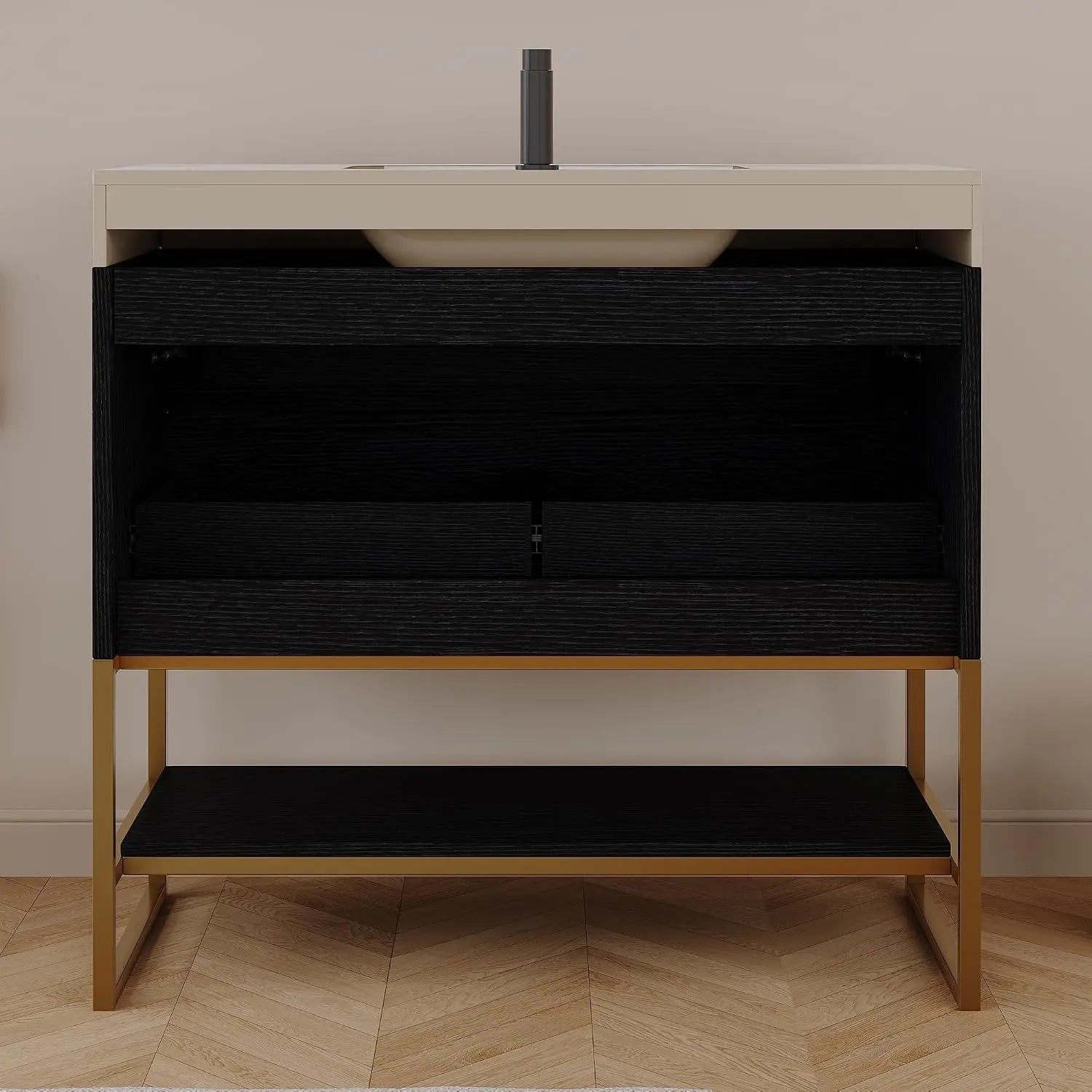 36" Bathroom Vanity with Sintered Stone Countertop – 1 Flip-Up Drawer + 2 Soft-Close Drawers + Open Shelf, Multi-Layer, Custom