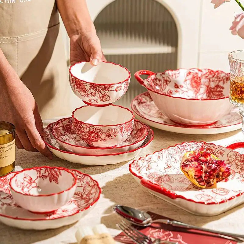 Modern Red Dinner Set Plates Luxury Designer Italian Round Plates Dinner Sets Ceramic Elegant Aparelho De Jantar Kitchen Dishes