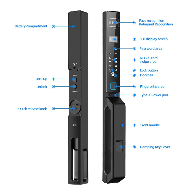 Face Recognition Fingerprint Hold Hands Lock Narrow Bezel Cell Phone Tuya Aluminum Door Code Lock Automatic Smart Door Lock