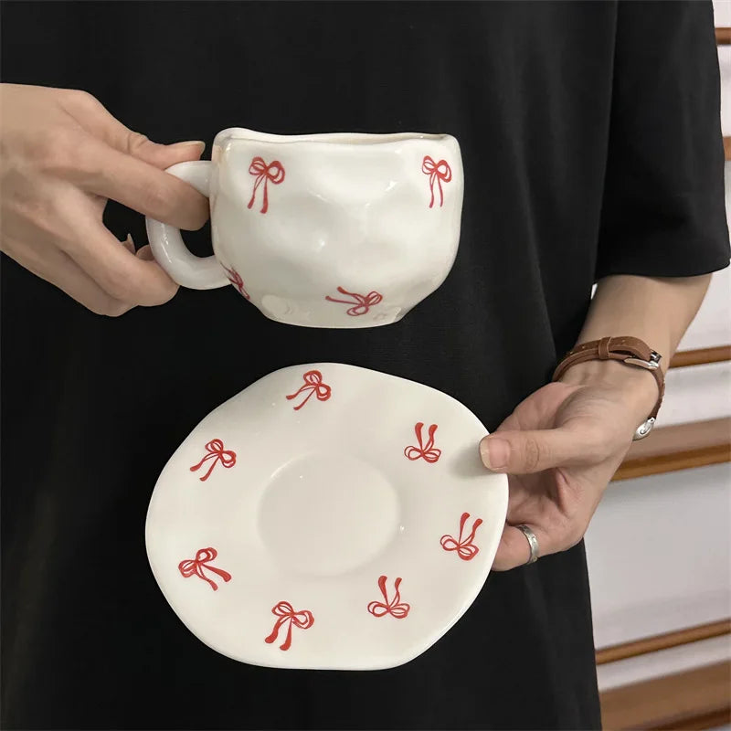 ins style retro flower ceramic cups and saucers, hand-squeezed irregular coffee cups and saucers, afternoon tea cups and saucers