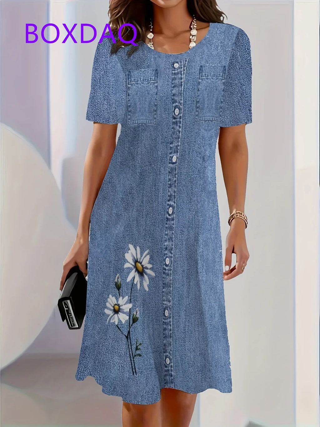 Fashion Trend 3D Imitation Denim Pattern Women's Dress New Summer Street Denim Flower Print Short Sleeve Loose Casual Mini Dress