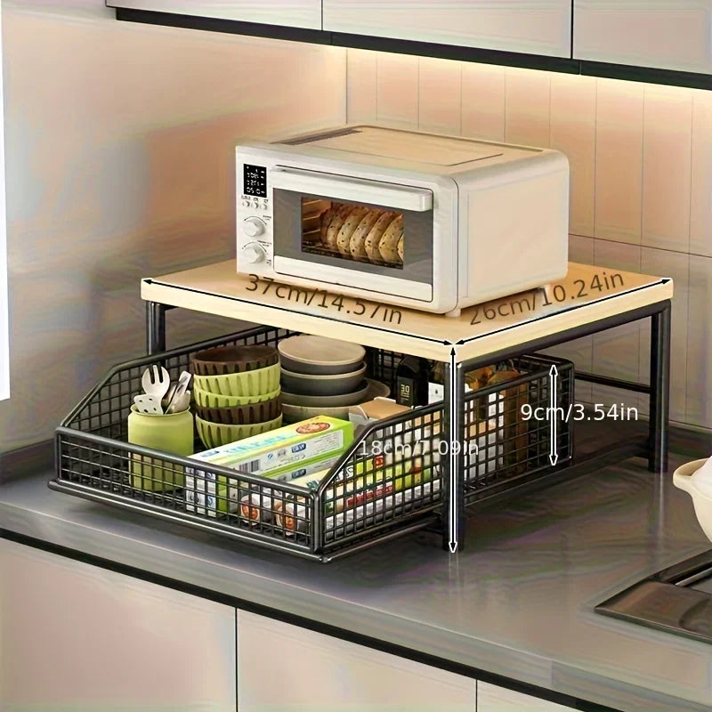 Space-Saving Kitchen Countertop Organizer Made of Sturdy Hardwood with Drawer and Wire Basket for Coffee Maker