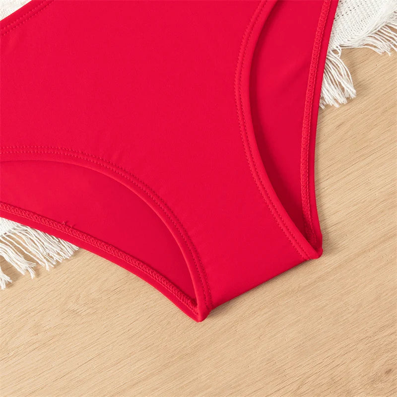 Bikini Girls Kids Swimsuits One Shoulder Ruffles Swimwear Solid Color Backless Bathing Suit