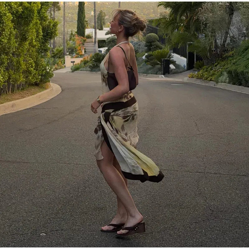 Yellow Brown Tie-Dye Midi Dress Print Halter Neck Open Back Asymmetric Hem Chiffon Dresses 2026 Party Women Fashion Chic Outfit