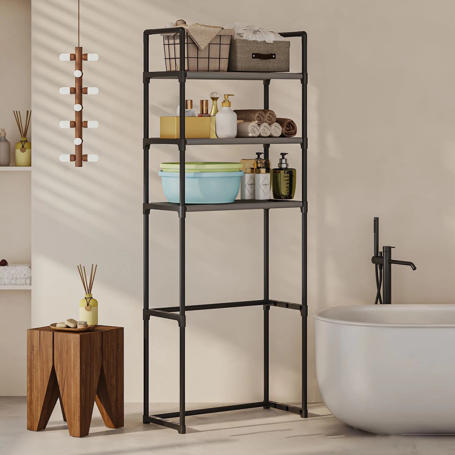 Bathroom Shelf,Washing Machine And Toilet Shelf,Laundry Storage Organizer,Space Saving,Metal Tube Bracket,Fabric Compartment
