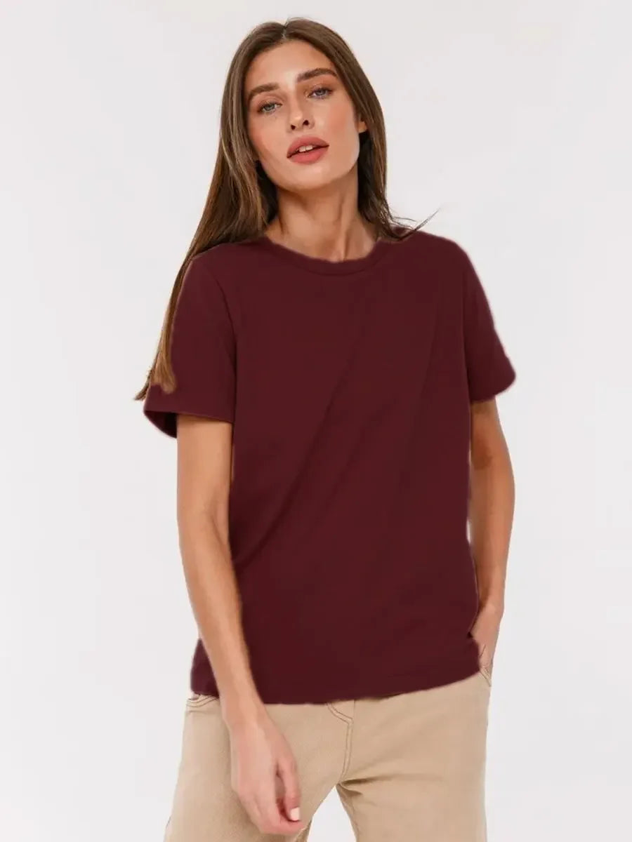 Wolfeel Summer 100% Cotton Women's T-shirt Bottoming Basic Fashionable Solid Lady Short Sleeve Loose Tops Shirts 230g/㎡ Tops