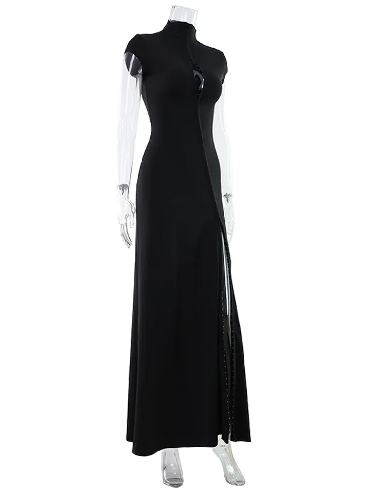 Ahagaga Fashion Women's Maxi Dresses Half High Collar Solid Sexy Single Breasted High Split Short Sleeves Sheath Streetwear Fit