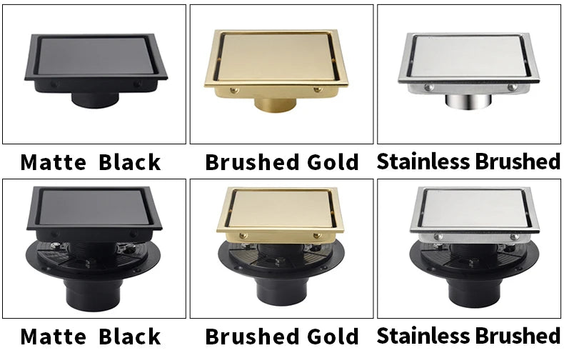 Square Shower Drain Tile Insert Anti Odor Stainless Steel Floor Drain Kit with Removable Grate Cover Hair Strainer Black Gold
