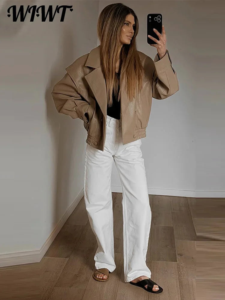 High Street Leather Jackets Women's Casual Double-breasted Turn Down Collar Loose Coats Elastic Waist 2026 Autumn New Outwear