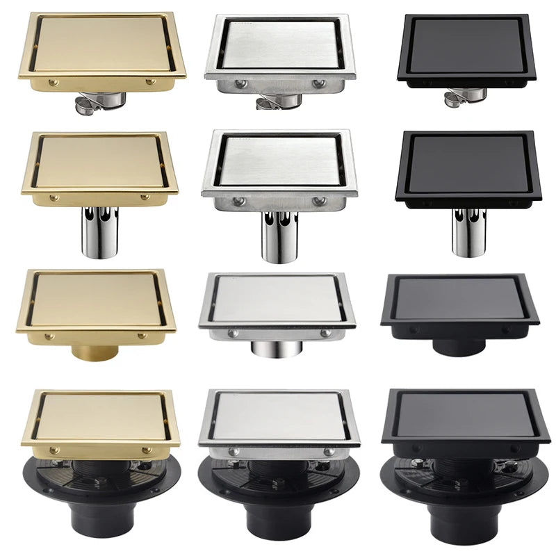 Square Shower Drain Tile Insert Anti Odor Stainless Steel Floor Drain Kit with Removable Grate Cover Hair Strainer Black Gold