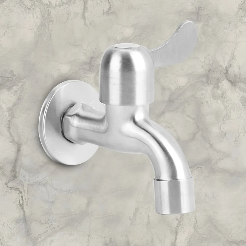 304 Stainless Steel Faucet G1/2 Inch Thread Single Lever Faucet Tap with Bubbler and Valve Wall Mounted Water Tap Garden
