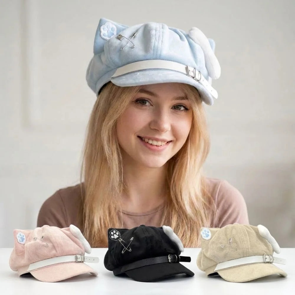 Cute Cat Ears Women's Beret Anime Cat Paw Pattern Newsboy Cap Japanese Style Sweet Baseball Cap Everyday Outfits