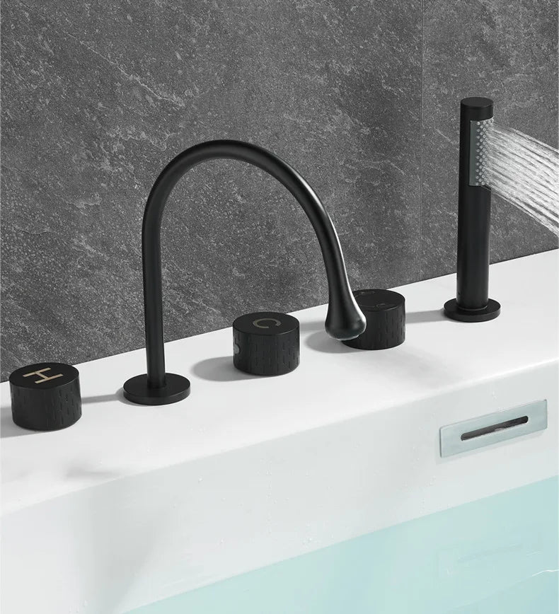 Gray Luxury Brass Deck-Mounted 5-Holes Bathroom Bath Tub Rotating Faucet Mixer Bathtub Basin Water Tap With Spray 3 Handles