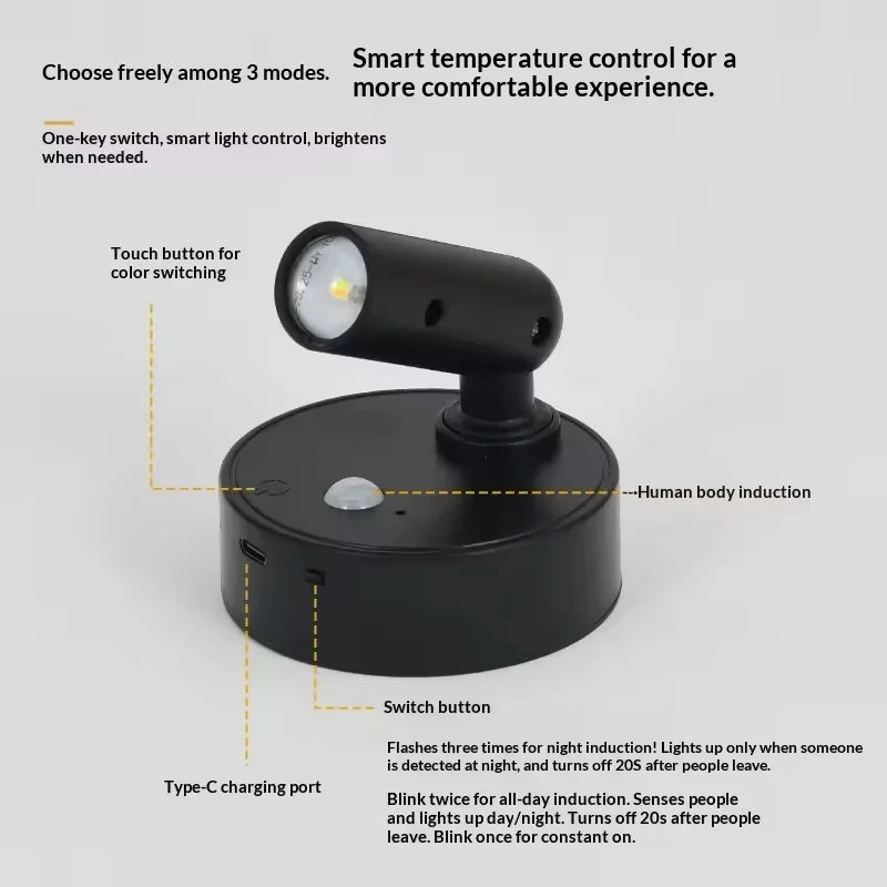 LED Light Magnetic Rechargeable Wall light Spotlight Wireless No Punch Reading Light With Touch Switch Dimmable Bedside Lamp