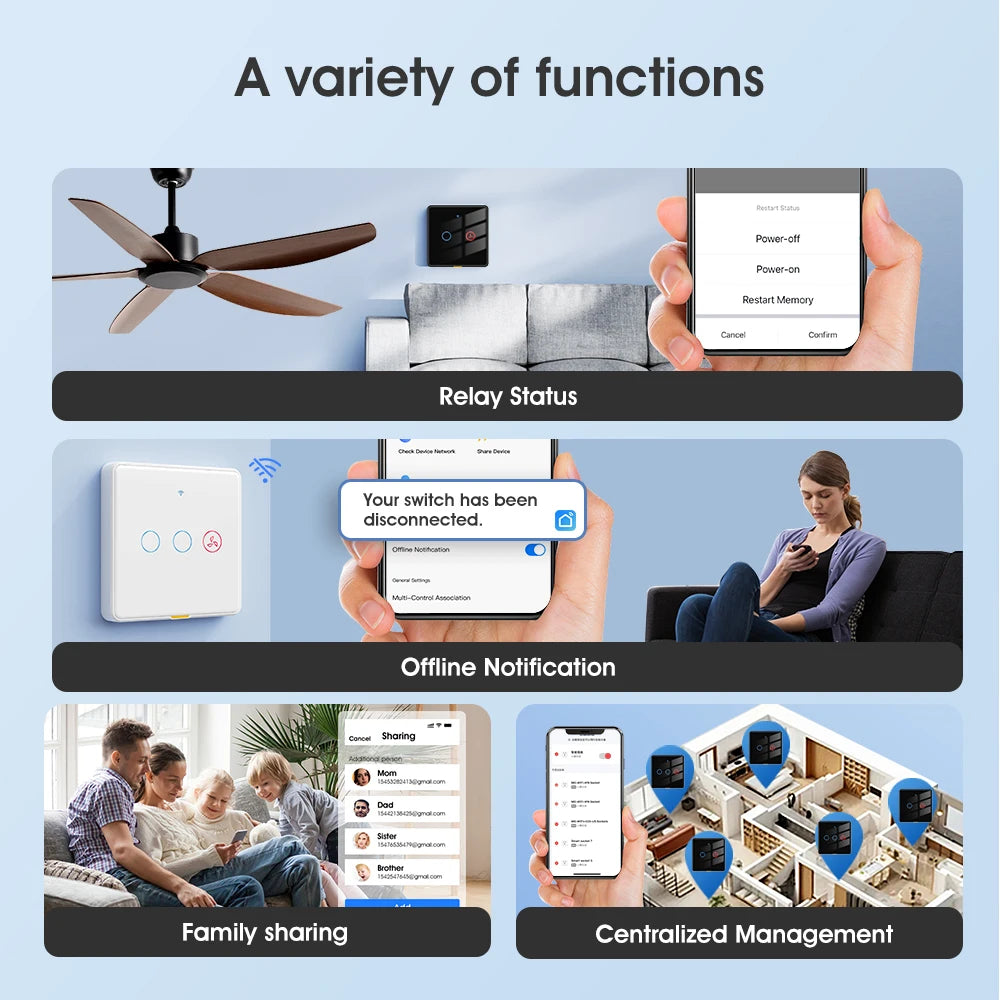 No Neutral Wire Tuya Smart WiFi RF433 Fan Ceiling Light Switch Timer Wall Glass Touch Switch Backlight Timing Control Voice