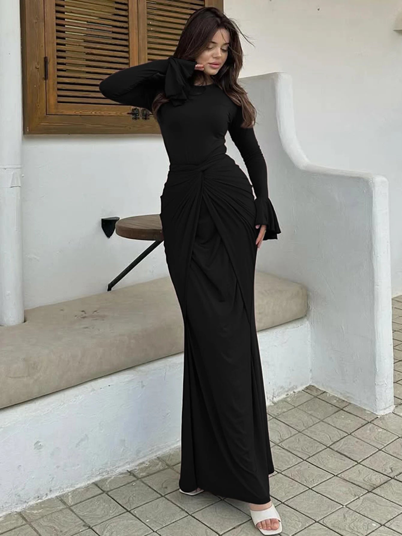Dulzura O-Neck Long Flare Sleeve Ruched Lace Up Slim Long Dress Women'S Fashion Elegant Clothes Party Club Street Autumn Outfit