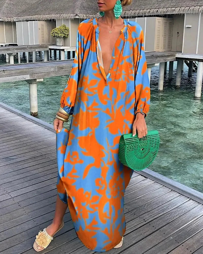 Autumn Women's Print Casual Dress New Fashion V-neck Long Sleeve Loose Holiday Party Long Dresses For Women Robe Femme 2024