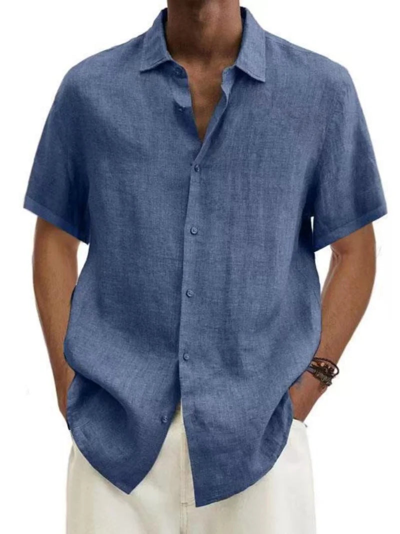 Men's Short Sleeve Linen Blend Shirt Casual Button Down Collar Lightweight Breathable Top