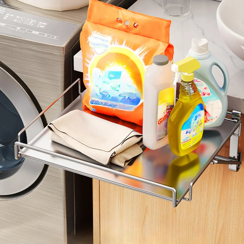 Stainless Steel Foldable Countertop Shelf Space Saving Cabinet Door Shelf No Drill Hanging Storage Bathroom Kitchen Organizer