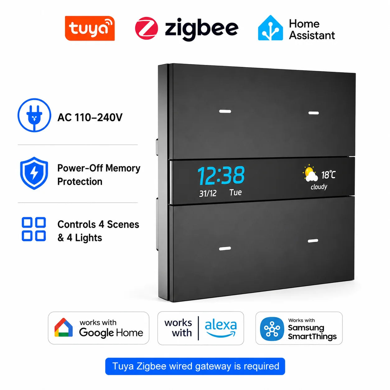 M8 Pro Zigbee Smart Switch Panel 4 Gang Tuya Intelligent Wall Electric Light Switch Voice App Control Works Alexa for Home Hotel