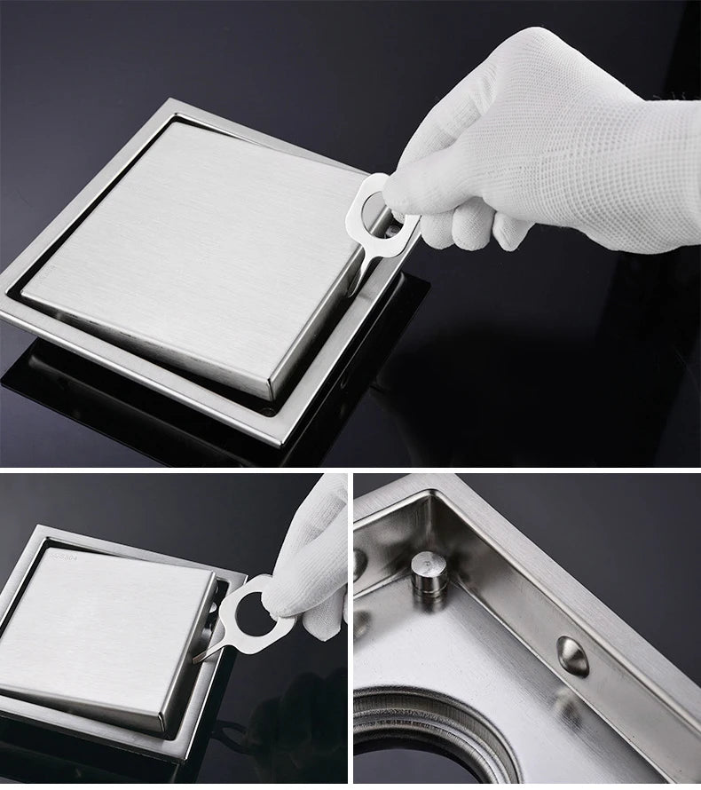 Square Shower Drain Tile Insert Anti Odor Stainless Steel Floor Drain Kit with Removable Grate Cover Hair Strainer Black Gold