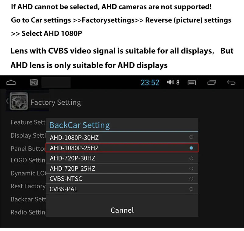 AHD CVBS HD fisheye reversing camera IP67 waterproof night vision lens compatible with car radio MP5 player monitor