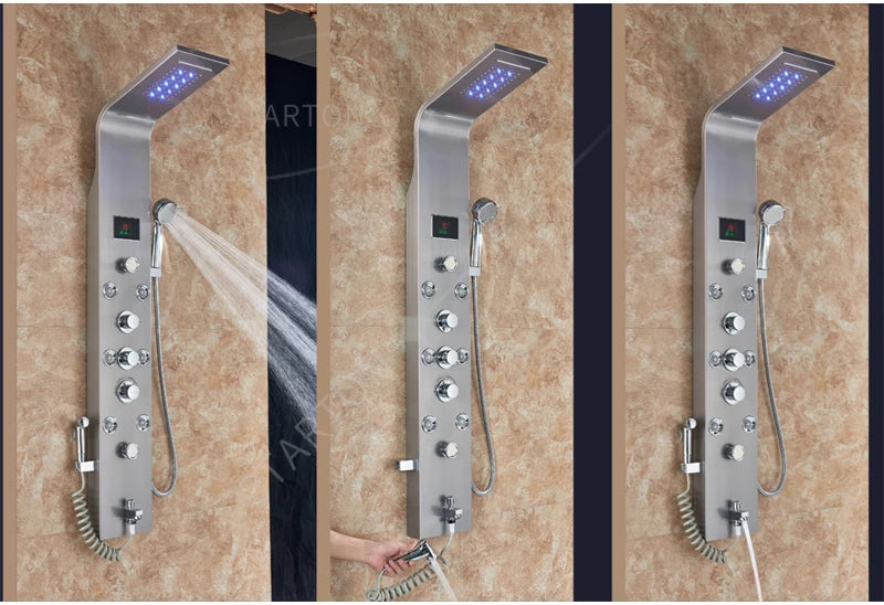 LED Light Bathroom Shower Panel Intelligent LCD Shower Column System with 6 Modes Rain Waterfall Massage Jet Bath Mixer Tap