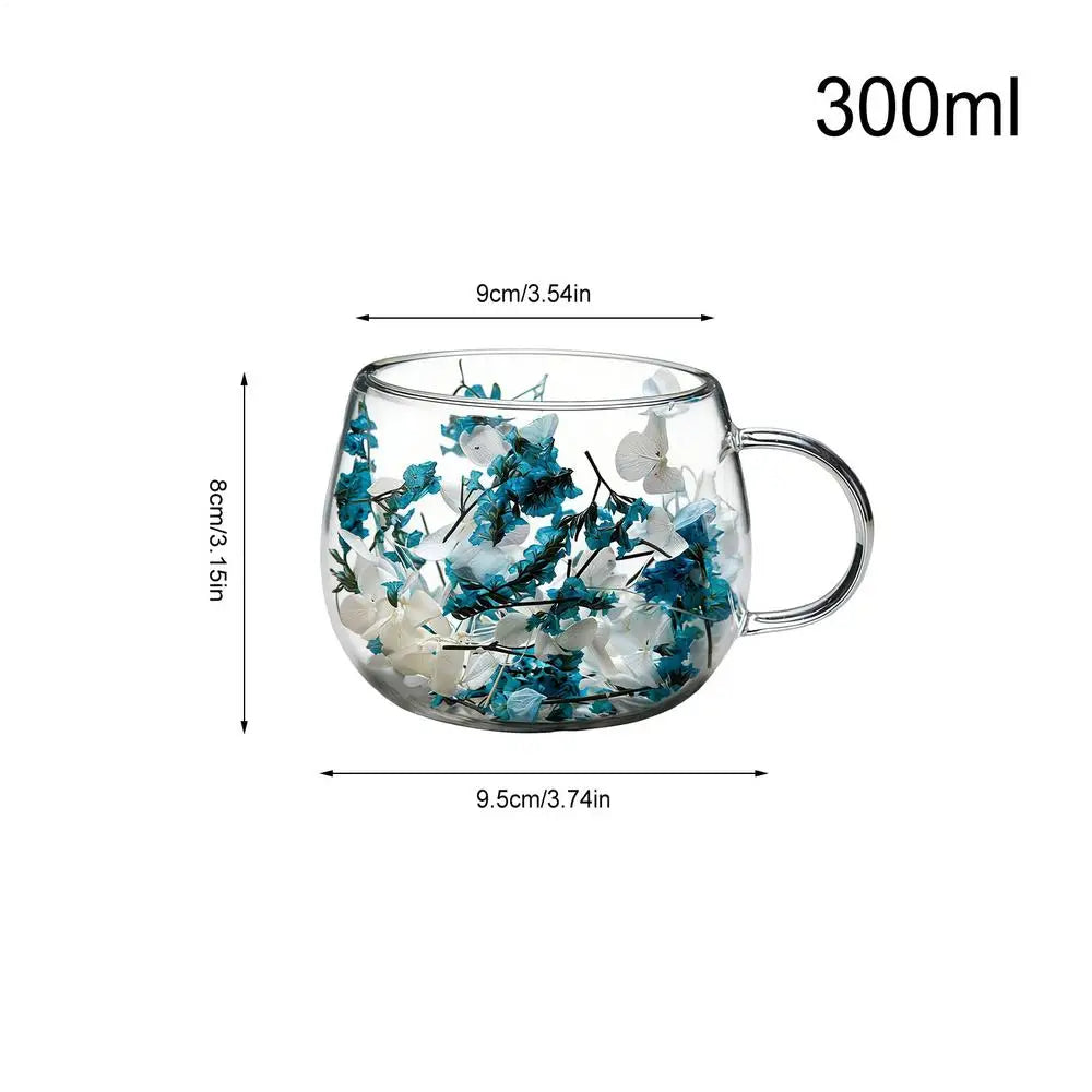 300ml Glass Cup with Dried Flower Heat Resistant Drinking Glasses for Water Juice Milk Coffee Tea Home Cafe Office Party