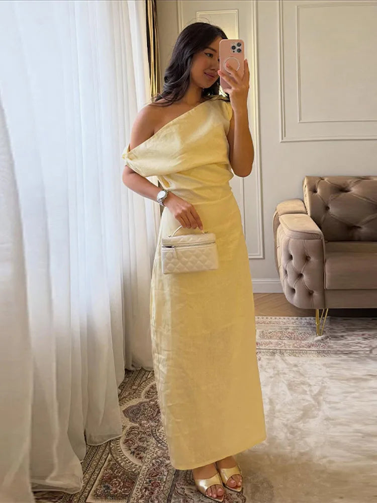Party Dress Women's Lime One-Shoulder Dress Asymmetric Neckline Draped Waist Elegant Maxi Club Wear Woman Clothes Summer Outfit