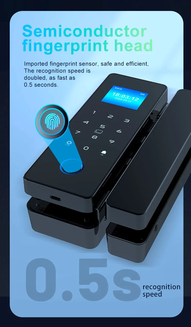 Electronic Digital Lock Fingerprint Glass Door Lock Bluetooth HAHA-Lock App Passcode IC Card Keyless Smart Phone Attendance Lock
