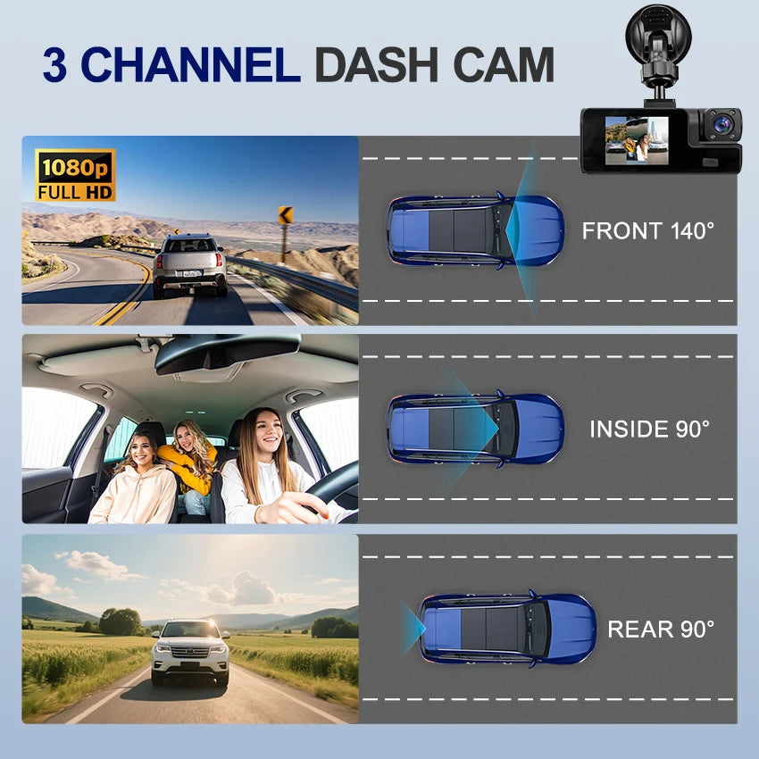 HD 1080P Car DVR Dash Cam with 3 Lens Wide Angle Night Vision G-Sensor Loop Recording for Front Inside and Rear Vehicle Camera