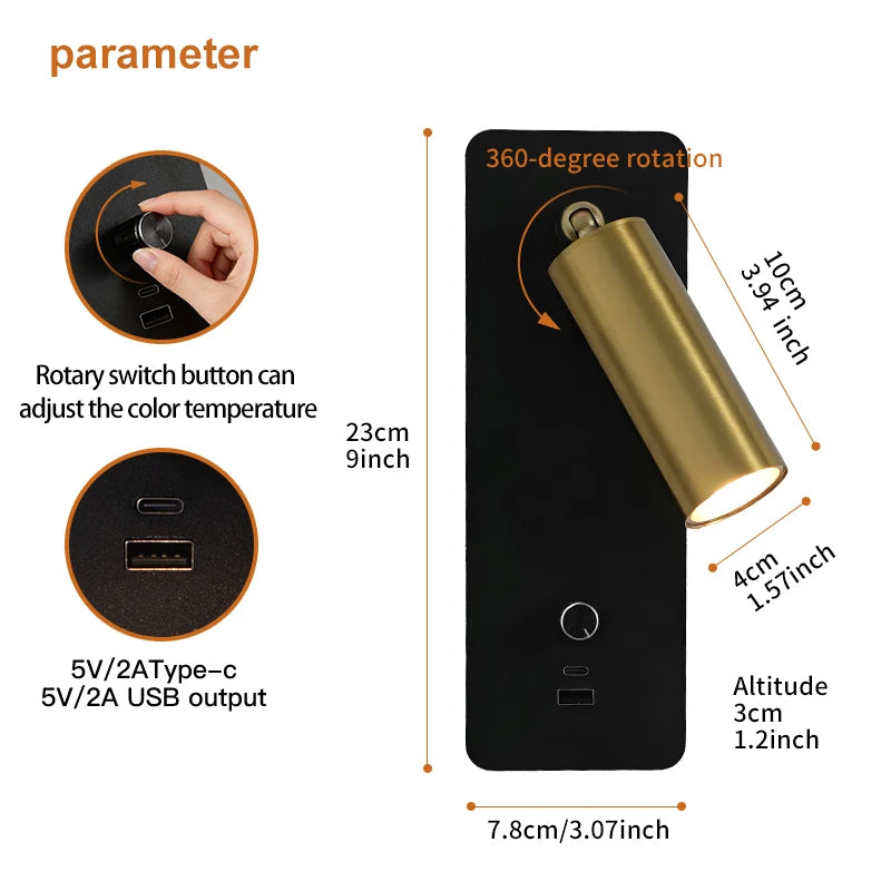 Wall Light 3000K Warm Light Knob Switch with USB Phone Charging, Bedroom Bedside Lamp, Wall Light Can Rotate 350°