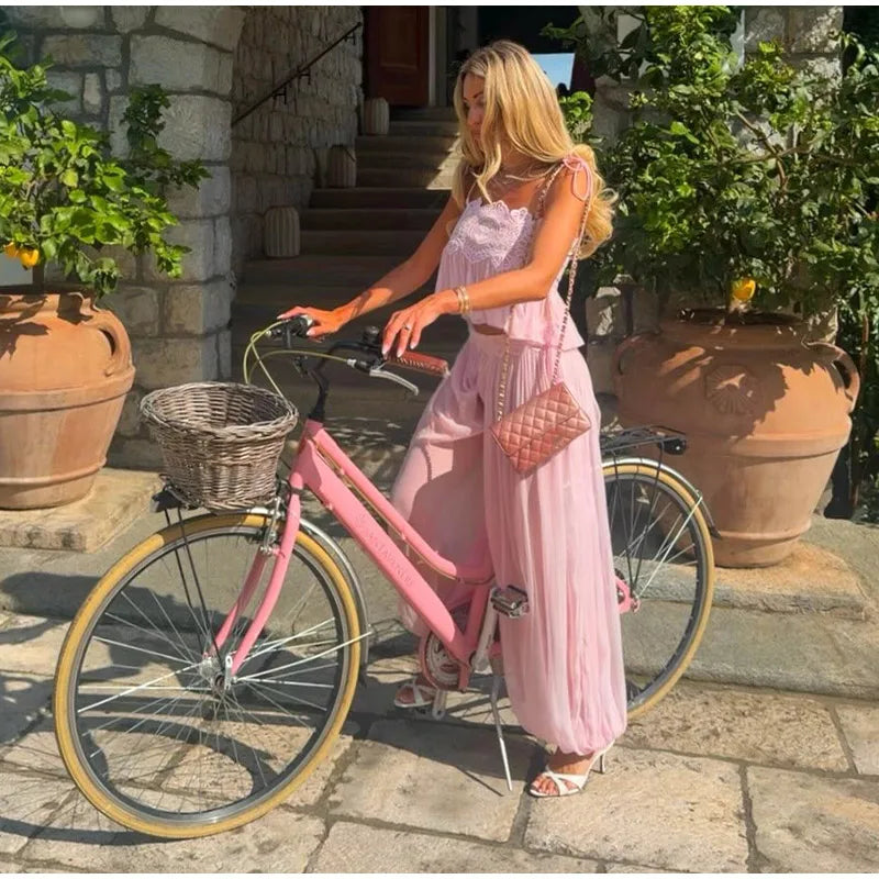 Women Elegant Lace Long Pant Set Square Neck Sheer Ruffle Hem Crop Cami Top High Waist Wide Leg Trousers 2026 Summer Chic Suit