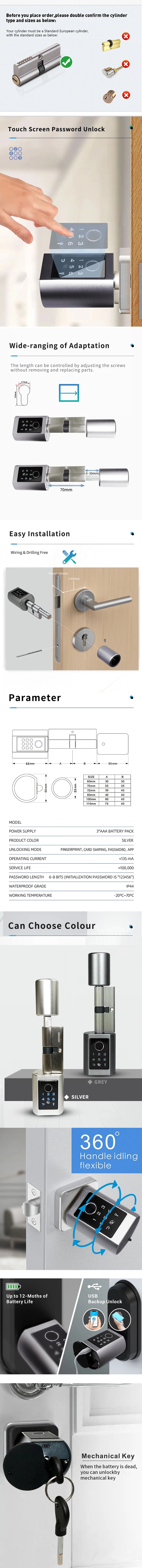 Easy Replacement Cylinder Smart Lock APP TTlock Bluetooth Fingerprint Password NFC Unlock Auto Lock/ Unlock Security Protection