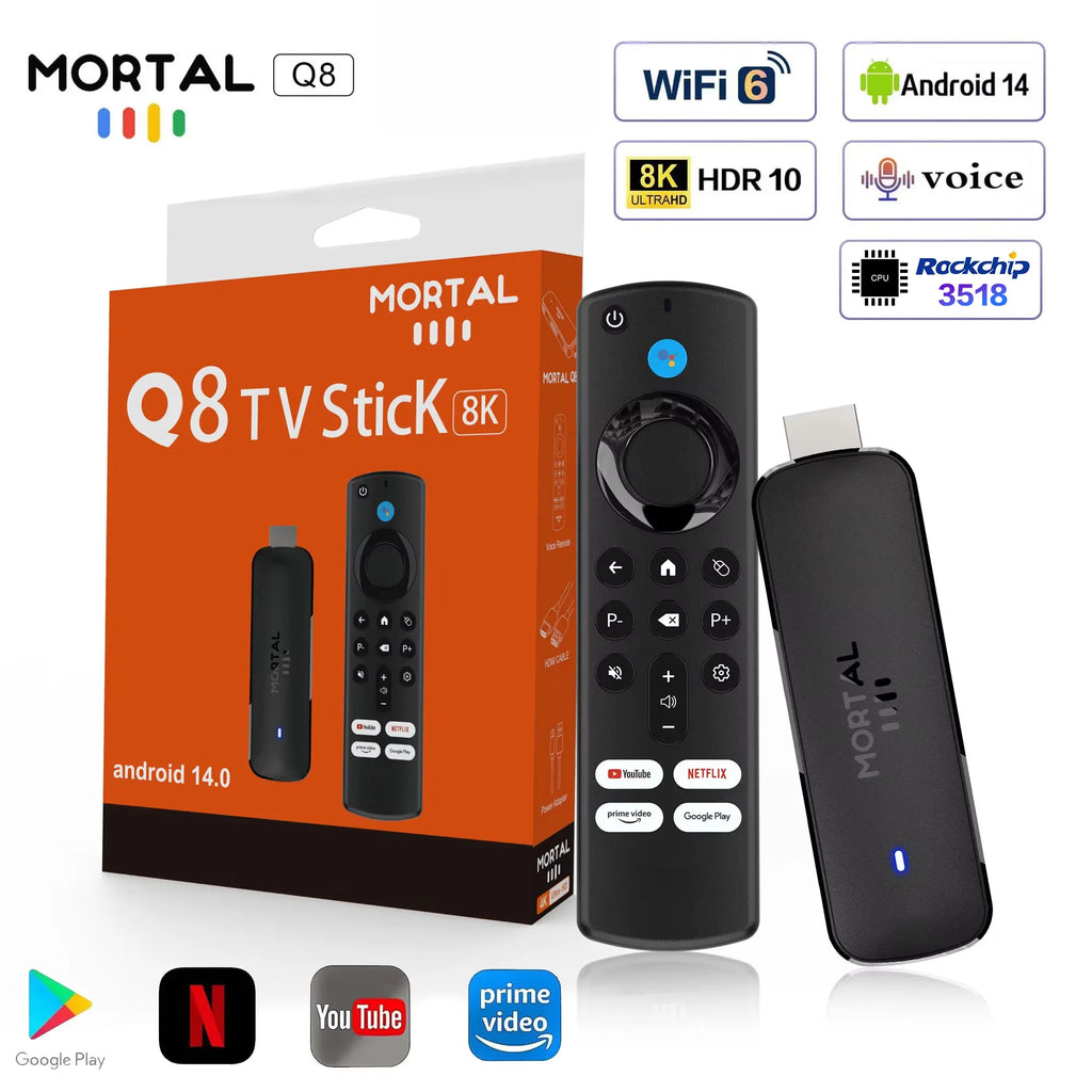 Mortal Q8 Android14 TV stick WIFI6 Voice Control TV stick  8K video RK3518 Netflix YouTube Tv box Free Live TV Streaming