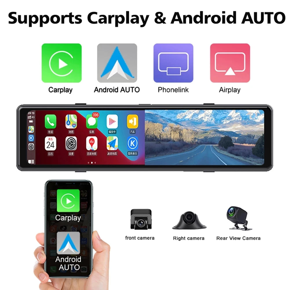 3 Cameras Dash Cam Car Play & Android Auto 2.5k 2560*1440P Rearview Mirror Video Recording WIFI Loop Record Phone APP Car DVR