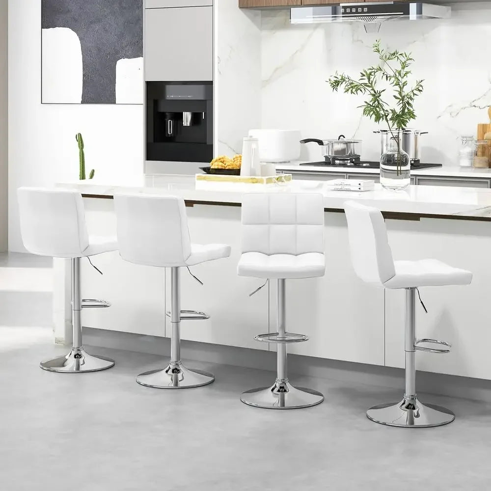 Set of 2 Adjustable Swivel Bar Stools with Backrest and Footrest, White Leatherette, Suitable for Kitchen Island or Home Bar