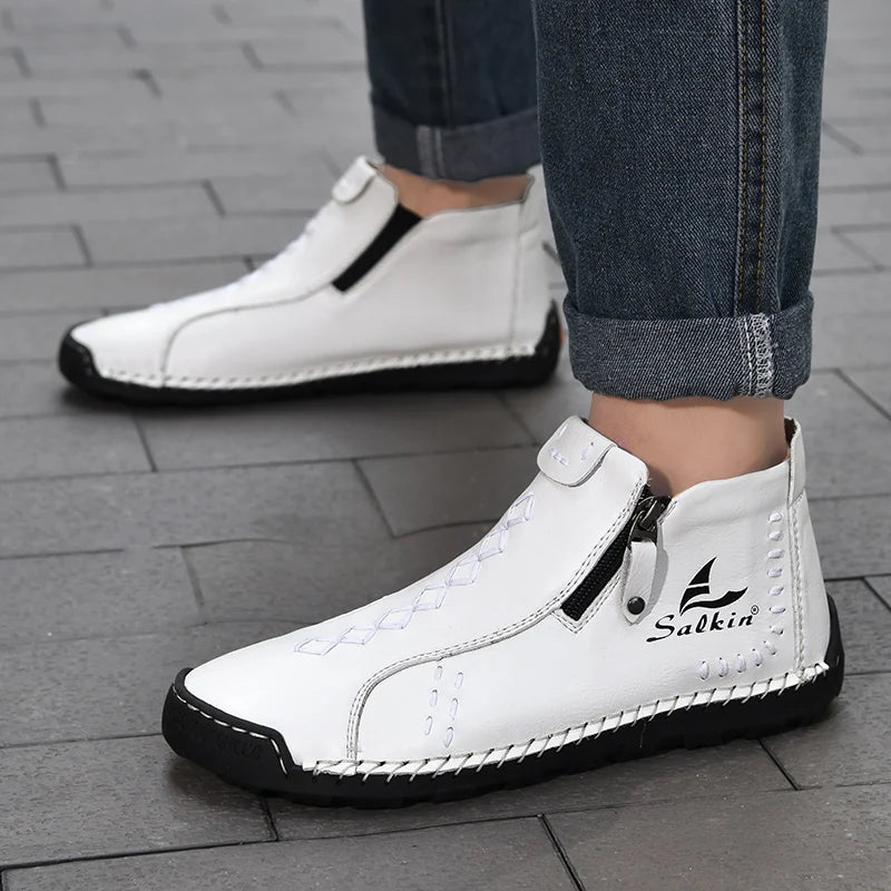 Handmade Leather Casual Shoes For Men Sneakers Men Flat Footwear Zipper Leather Boots Men Ankle Plus Size 39-48