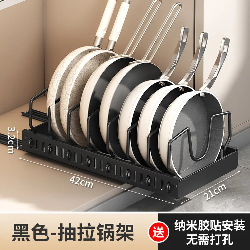 Pull-out pot rack organizer with adjustable shelves, space-saving kitchen cabinet storage