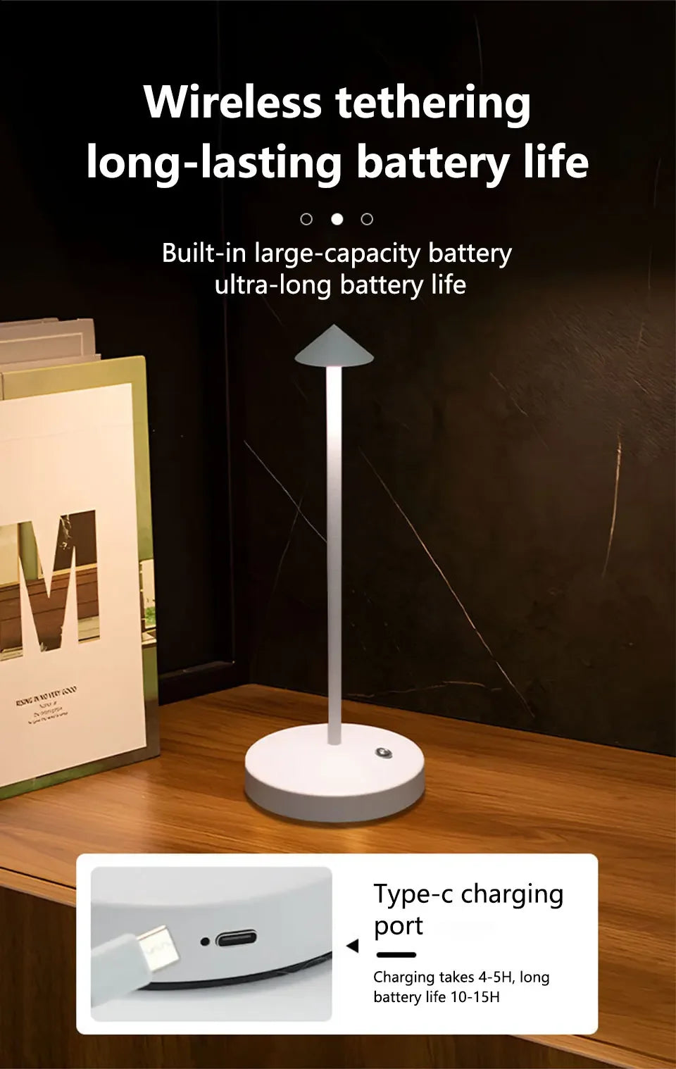 Modern Led Desk Lamp, Wireless, Adjustable Lighting, Dimmable, Touch Control, Rechargeable Lithium Battery, 800Mah, USB Powered, Button Control, Matte Plastic Metal Surface, Pointed Top, Solid Color, Dreamy Theme, Cute, Light