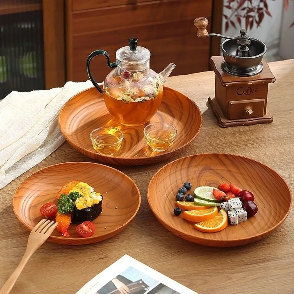 Kitchen Accessories Plastic Wood-Grain Round Tray Imitation Wood Multi-Purpose Tea Tray Dinner Plates Tea Coffee