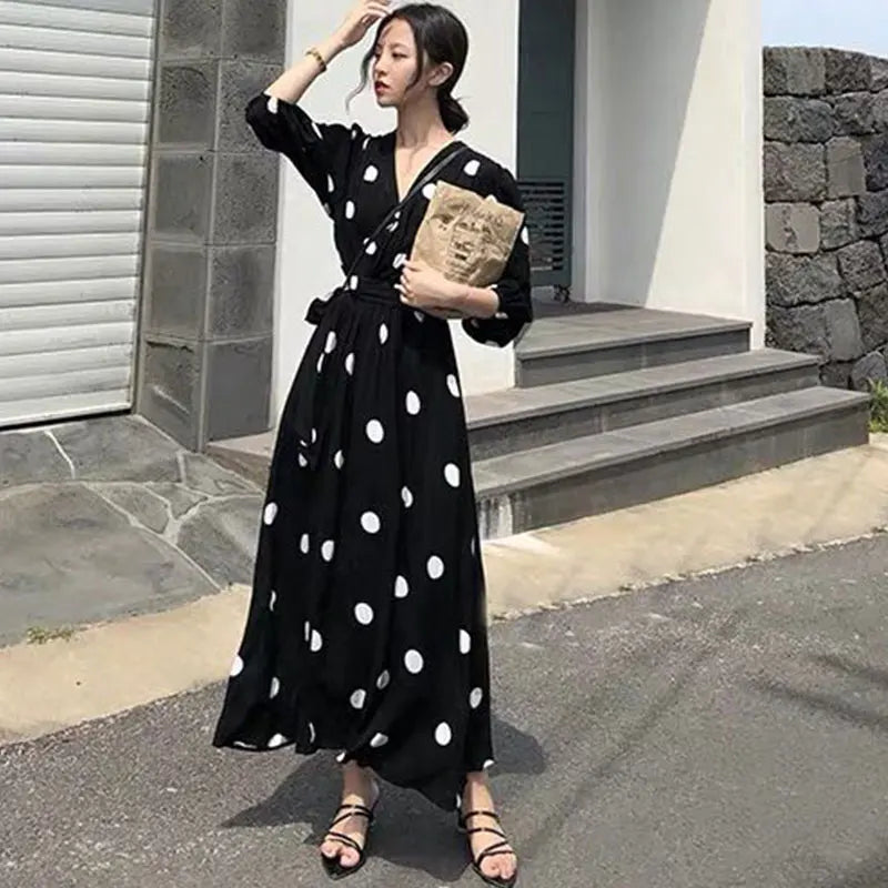 plus Size Polka Dot Chiffon Dr Romantic Slimming Long Skirt V Ne Elastic Waist Summer Faionable Casual Vintage Sle