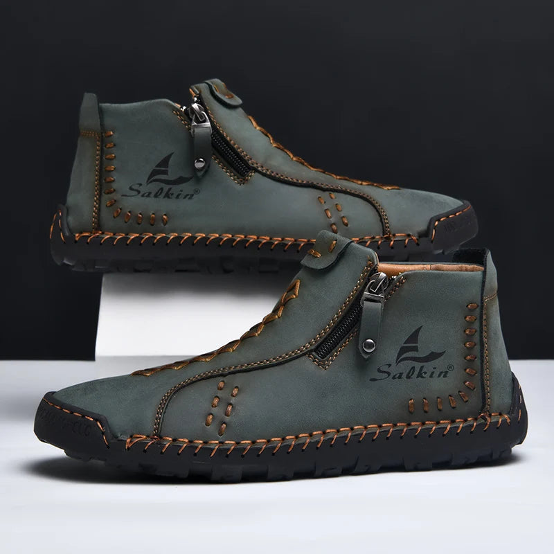 Handmade Leather Casual Shoes For Men Sneakers Men Flat Footwear Zipper Leather Boots Men Ankle Plus Size 39-48