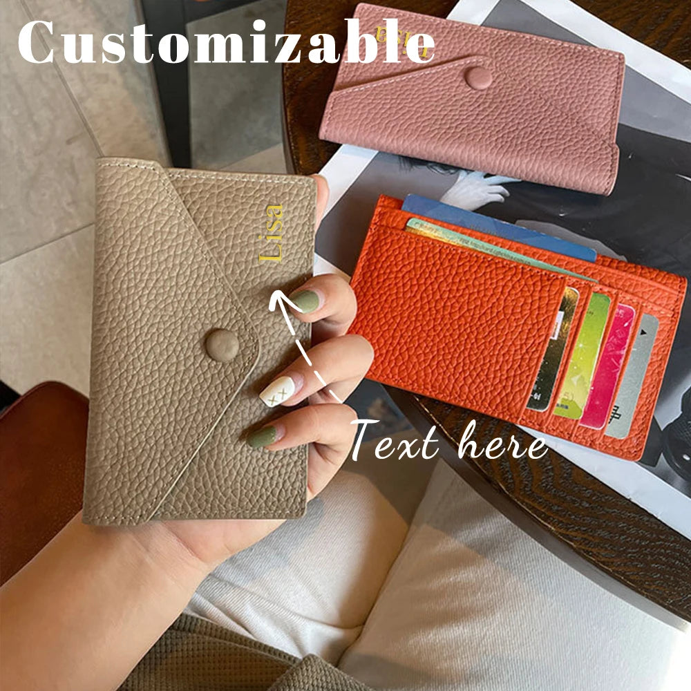 Customized Letters, Genuine Cowhide Leather, Women's Ultra-Thin Card Wallet, Women's Short Envelope, Women's Wallet