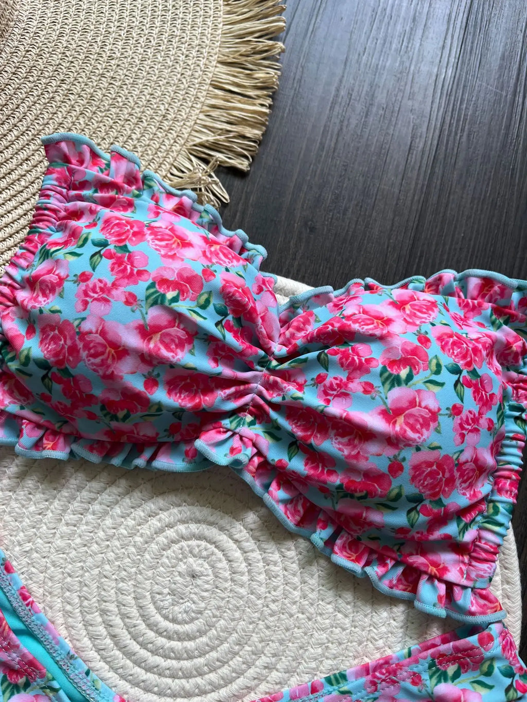 Bikini Set Women's Ruffle Flower Print Sexy 2 Pieces Swimsuit Triangle Strapless Backless Thong Beach Bathing Suit 2025 New