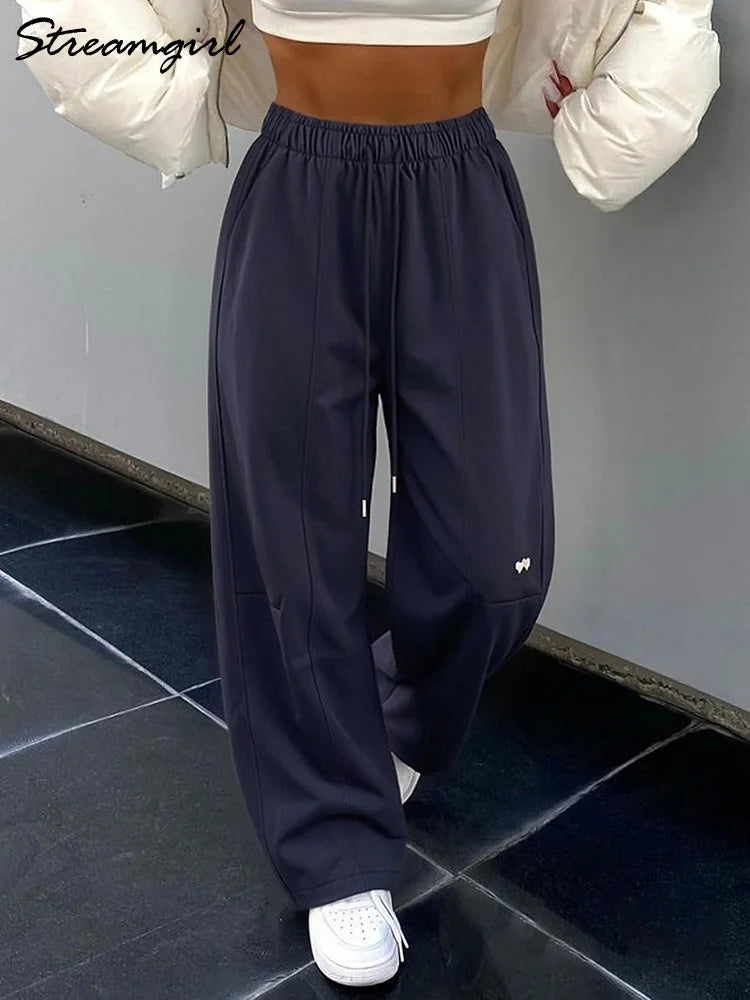 Blue Straight Pants For Women Elastic Wiast Jogger Quick-dry Sweatpants Baggy Embroidery Trousers Ladies Wide Leg Sport Pants