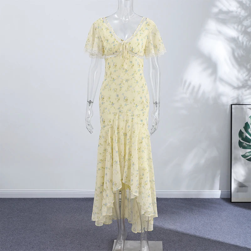 Elegant Sexy Print Fish Dress Women V Neck Short Sleeves High Waist Ruffles Split Vestidos Female 2026 Summer New Chic Dresses