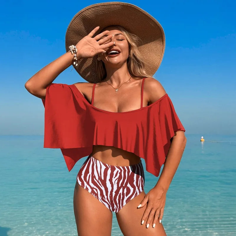 Bikini Sets For Women Ruffles Bikinis Bra and Printing Shorts Ladies High Waist Summer Beach Bathing Suits Swimsuits