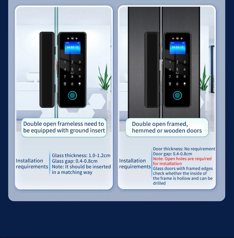 3D Face Tuya Wifi Electronic Smart Glass Door Lock With Biometric Fingerprint/RFID Card /Password Unlock/USB Emergency Charge