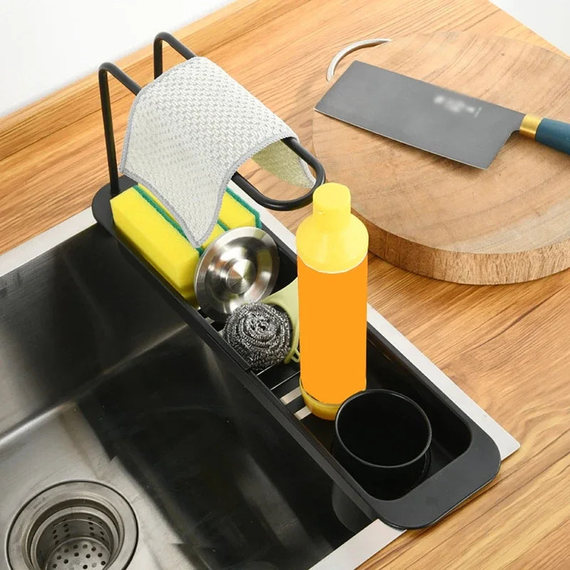Kitchen Telescopic Storage Rack Sink Organizer Rack Telescopic Faucet Organizer Towel Sponge Storage Adjustable Storage Rack